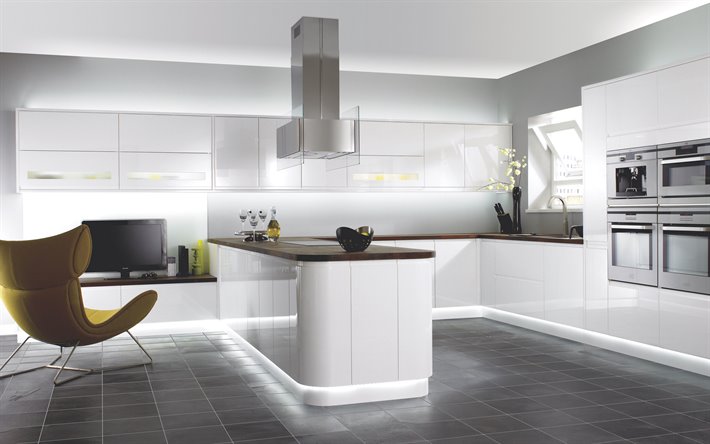 moderna y elegante dise&#241;o interior de la cocina, de la cocina de proyectos de dise&#241;o de interiores modernos, brillo blanco de los muebles de cocina, cocina