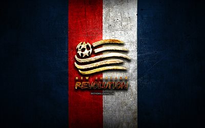 New England Revolution, golden logo, MLS, blue metal background, american soccer club, New England Revolution FC, United Soccer League, New England Revolution logo, soccer, USA