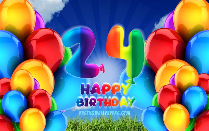 4k, Happy 24 Years Birthday, cloudy sky background, Birthday Party, colorful ballons, Happy 24th birthday, artwork, 24th Birthday, Birthday concept, 24th Birthday Party