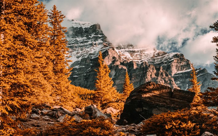 paisagem de outono, paisagem de montanha, outono, rochas, amarelo &#225;rvores, floresta, nuvens