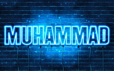 Muhammad, 4k, sfondi per il desktop con i nomi, il testo orizzontale, Muhammad nome, neon blu, immagine con nome Muhammad