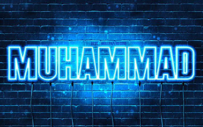 Muhammad, 4k, les papiers peints avec les noms, le texte horizontal, Muhammad nom, bleu n&#233;on, une photo avec le nom de Muhammad