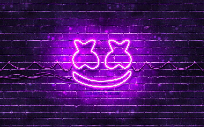 Marshmello violet logo, 4k, superstars, american DJs, violet brickwall, Marshmello logo, Christopher Comstock, music stars, Marshmello neon logo, DJ Marshmello