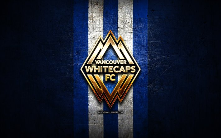 Vancouver Whitecaps, golden logo, MLS, blue metal background, canadian soccer club, Vancouver Whitecaps FC, United Soccer League, Vancouver Whitecaps logo, soccer, USA