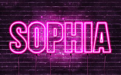 Sophia, 4k, wallpapers with names, female names, Sophia name, purple neon lights, horizontal text, picture with Sophia name