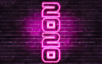 Happy New Year 2020, vertical text, 4k, purple brickwall, 2020 concepts, 2020 on purple background, abstract art, 2020 neon art, creative, 2020 year digits, 2020 purple neon digits