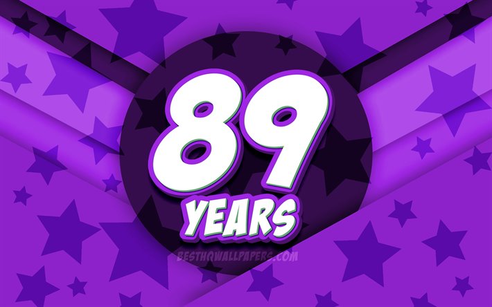 4k, 幸89年に誕生日, コミック3D文字, 誕生パーティー, 紫星の背景, 幸89歳の誕生日, 89誕生パーティー, 作品, 誕生日プ, 89歳の誕生日
