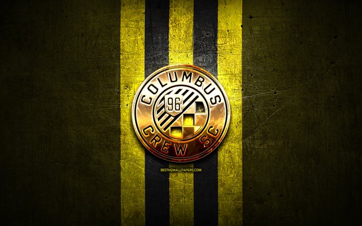 Columbus Crew, altın logo, İLKAY, sarı metal arka plan, Amerikan Futbol Kul&#252;b&#252;, Columbus Crew FC, United Futbol Ligi, Columbus Crew logo, futbol, ABD