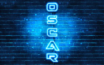 4K, Oscar, texto vertical, Oscar nome, pap&#233;is de parede com os nomes de, luzes de neon azuis, imagem com o nome de Oscar
