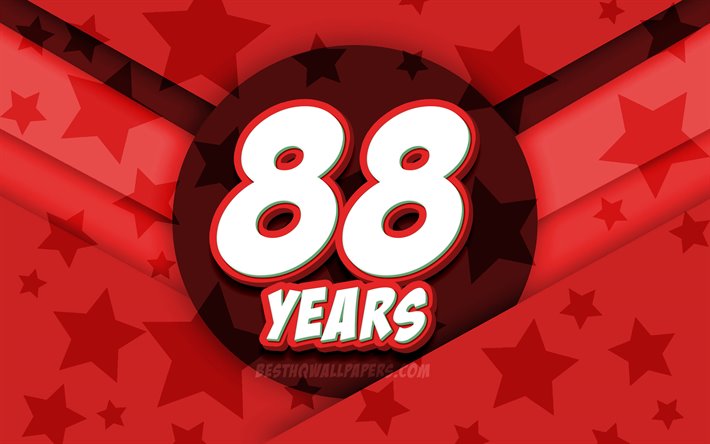 4k, 嬉しい88年に誕生日, コミック3D文字, 誕生パーティー, 赤い星の背景, 嬉しい88の誕生日, 88誕生パーティー, 作品, 誕生日プ, 88歳の誕生日