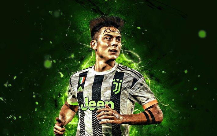 Paulo Dybala, green neon lights, Bianconeri, 2019, Juventus FC, football stars, argentinian footballers, new uniform, Dybala, soccer, Serie A, Italy, Juve