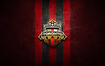 toronto fc, golden logo, mls, rot, metall, hintergrund, kanadische fu&#223;ball-club, fc toronto, united soccer league toronto fc-logo, soccer, usa