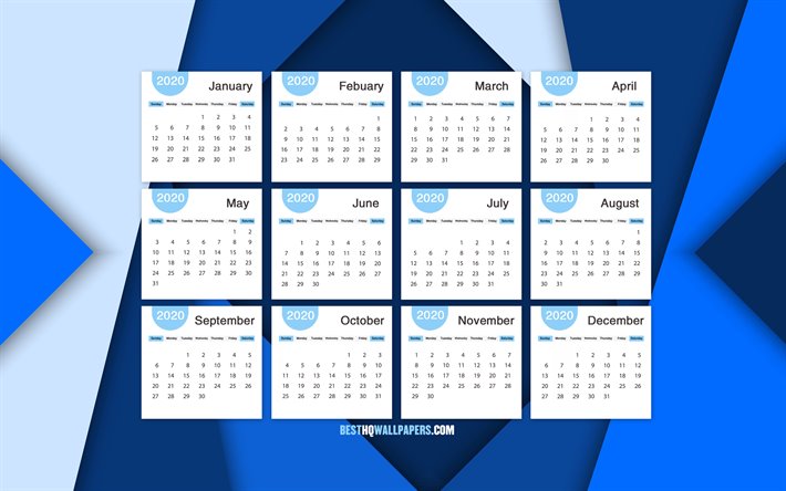 2020 kalender alle monate, blau-2020-kalender, blau kreativen hintergrund, blaue abstraktion, 2020-konzepte, neue jahr 2020, kalender