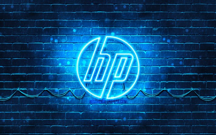 HP logo bleu, 4k, bleu brickwall, Hewlett-Packard, logo HP, HP n&#233;on logo, HP, Hewlett-Packard logo