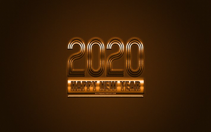Happy New Year 2020, Orange 2020 background, Orange metal 2020 background, 2020 concepts, Christmas, 2020, orange carbon texture