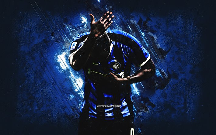 Romelu Lukaku, portre, Inter Milan, Bel&#231;ikalı futbolcu, FC Internazionale, mavi yaratıcı arka plan, futbol, İtalya, Serie A Lukaku Internazionale
