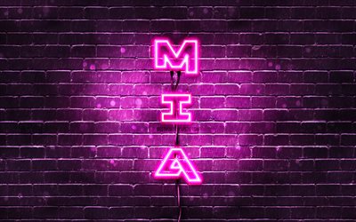 4K, Mia, texto vertical, Mia nombre, fondos de pantalla con los nombres, los nombres femeninos, p&#250;rpura luces de ne&#243;n, la imagen con el nombre Mia