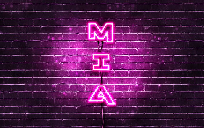 4K, Mia, vertical text, Mia name, wallpapers with names, female names, purple neon lights, picture with Mia name