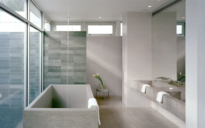 お洒落なバイ, ロフト風呂, おしゃれなインテリアデザイン, コンクリート被覆管の天風呂, ロフトコンクリート, 光タイルの浴室