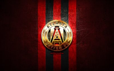 Atlanta United, golden logo, MLS, red metal background, american soccer club, Atlanta United FC, United Soccer League, Atlanta United logo, soccer, USA