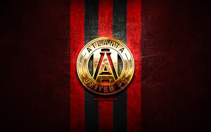 Atlanta United, altın logo, İLKAY, kırmızı metal arka plan, Amerikan Futbol Kul&#252;b&#252;, Atlanta United FC, United Futbol Ligi, Atlanta Amerika Birleşik logo, futbol, ABD