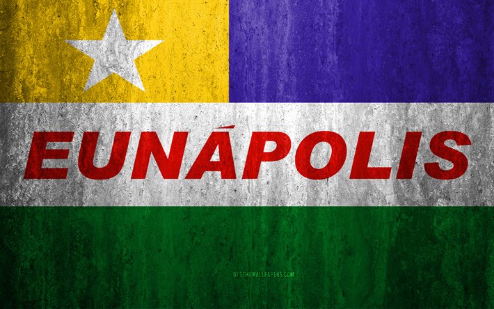 Flaggan i Eunapolis, 4k, sten bakgrund, Brasiliansk stad, grunge flagga, Eunapolis, Brasilien, Eunapolis flagga, grunge konst, sten struktur, flaggor av brasilianska st&#228;der