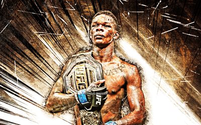 Israel Adesanya, grunge art, New Zealand fighters, MMA, UFC, brown abstract rays, Mixed martial arts, UFC fighters, MMA fighters