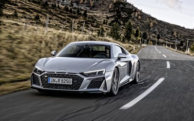 2020, Audi R8 V10 RWD, front view, exterior, supercar, new silver R8, German cars, Audi