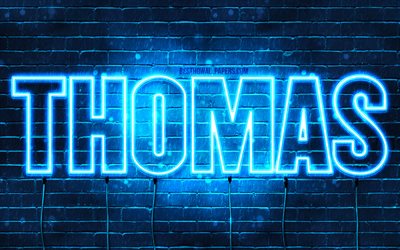 Thomas, 4k, fondos de pantalla con los nombres, el texto horizontal, nombre de Thomas, luces azules de ne&#243;n, de la imagen con el nombre de Thomas