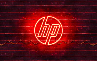 hp red-logo, 4k, red brickwall, hewlett-packard, hp logo, hp-neon-logo, hp, hewlett-packard-logo