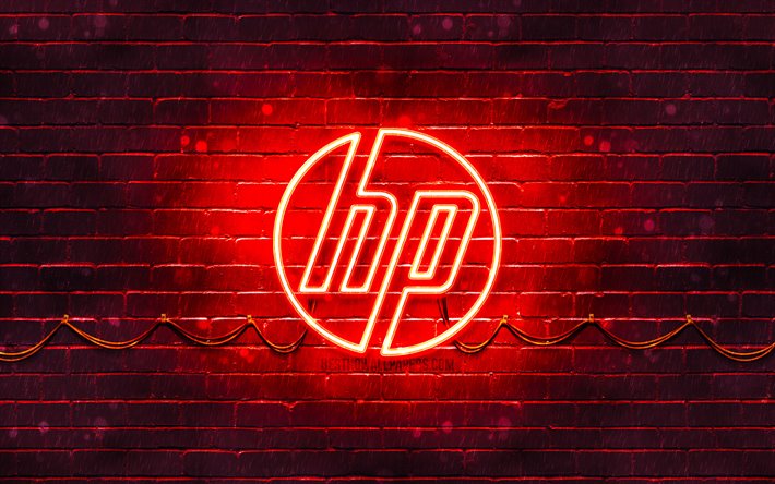 HP red logo, 4k, red brickwall, Hewlett-Packard, HP logo, HP neon logo, HP, Hewlett-Packard logo