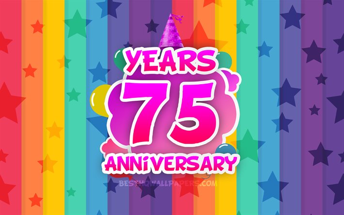 4k, 75年記念, 彩雲, コンセプト, 虹の背景, 創立75周年記念サイン, 創作3D文字, 創立75周年記念