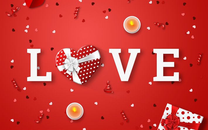 Love, red background, candles, love concepts, gift heart, red romantic background