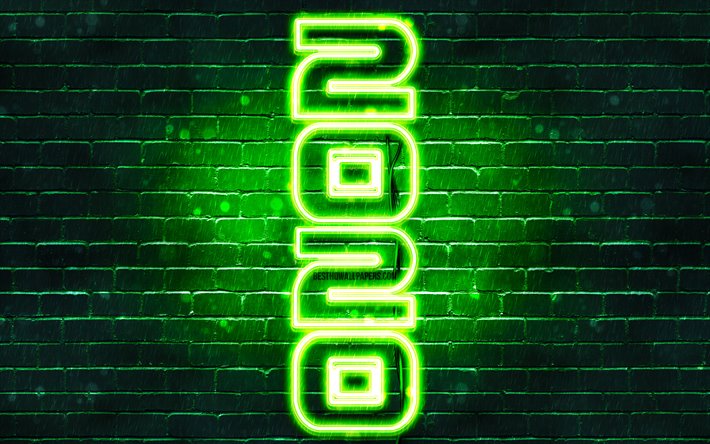 Happy New Year 2020, vertical text, 4k, green brickwall, 2020 concepts, 2020 on green background, abstract art, 2020 neon art, creative, 2020 year digits, 2020 green neon digits