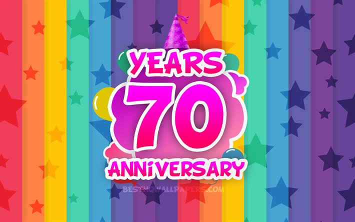 4k, 70 Years Anniversary, colorful clouds, Anniversary concept, rainbow background, 70th anniversary sign, creative 3D letters, 70th anniversary