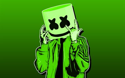 DJ Marshmello, 4k, sfondo verde, american DJ, minimal, Christopher Comstock, superstar, Marshmello, creativo, Marshmello minimalismo, Marshmello 4K, Dj