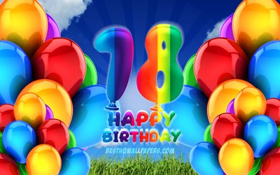 4k, 嬉しい18歳の誕生日, 曇天の背景, 誕生パーティー, カラフルなballons, 嬉しい18歳の誕生, 作品, 18歳の誕生, 誕生日プ, 18日の誕生日パーティー