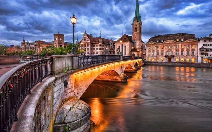 Zurich, Limmat River, swiss cities, church, Switzerland, Europe, HDR