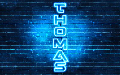 4K, Thomas, pystysuora teksti, Thomas nimi, taustakuvia nimet, blue neon valot, kuva Thomas nimi
