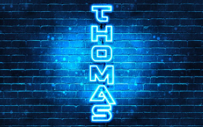 4K, توماس, نص عمودي, توماس اسم, خلفيات أسماء, الأزرق أضواء النيون, صورة مع توماس اسم