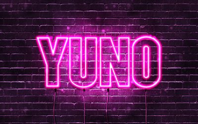 Joyeux anniversaire Yuno, 4k, n&#233;ons roses, nom Yuno, cr&#233;atif, Yuno Joyeux anniversaire, Anniversaire Yuno, noms f&#233;minins japonais populaires, image avec nom Yuno, Yuno