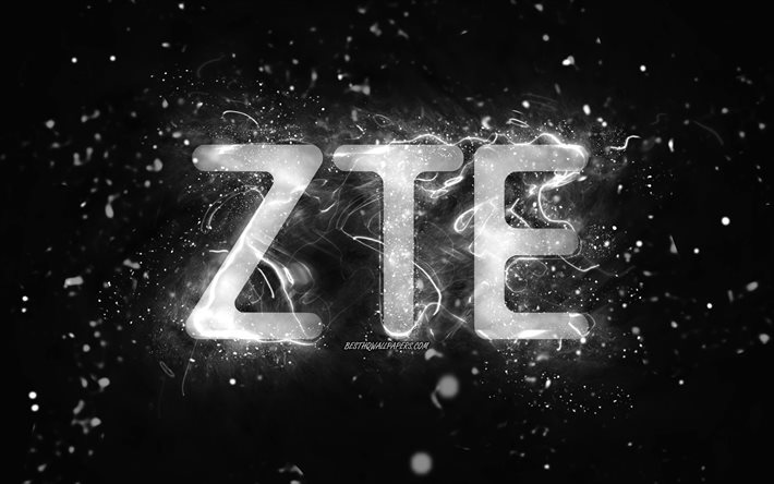 Logotipo branco ZTE, 4k, luzes de neon brancas, fundo criativo, preto abstrato, logotipo ZTE, marcas, ZTE
