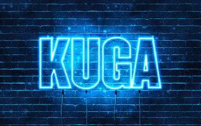 Joyeux anniversaire Kuga, 4k, n&#233;ons bleus, nom Kuga, cr&#233;atif, Kuga Joyeux anniversaire, Kuga Anniversaire, noms masculins japonais populaires, image avec nom Kuga, Kuga