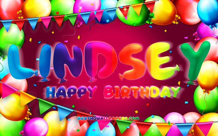 お誕生日おめでとうリンジー, 4k, カラフルなバルーンフレーム, リンジーの名前, 紫の背景, リンジー ハッピーバースデー, リンジー誕生日, 人気のアメリカ人女性の名前, 誕生日のコンセプト, リンジーだ