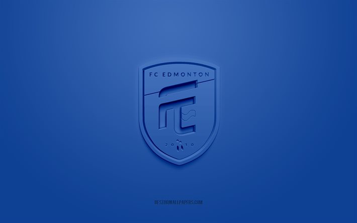 FCエドモントン, クリエイティブな3Dロゴ, 青い背景, カナダプレミアリーグ, CPL, 3Dエンブレム, カナディアンサッカークラブ, カナダ, 3Dアート, サッカー, FCエドモントン 3D ロゴ