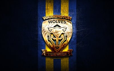 warrington wolves, goldenes logo, sle, blauer metallhintergrund, englischer rugby-club, warrington wolves-logo, rugby
