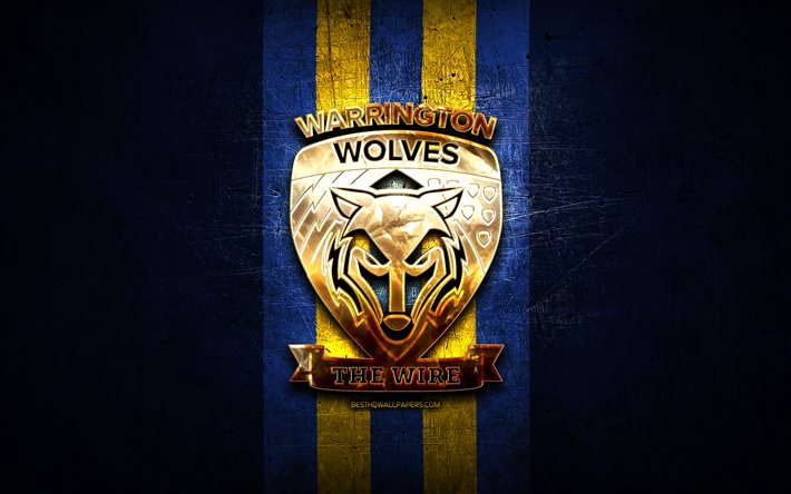 ウォリントンオオカミ, 金色のロゴ, シエラレオネ, 青い金属の背景, 英語ラグビークラブ, ウォリントン・ウルブズのロゴ, ラグビー