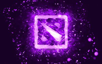 Dota 2 violet logo, 4k, violet neon lights, creative, violet abstract background, Dota 2 logo, online games, Dota 2