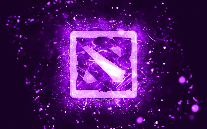 Dota 2 violett logotyp, 4k, violett neonljus, kreativ, violett abstrakt bakgrund, Dota 2-logotyp, onlinespel, Dota 2