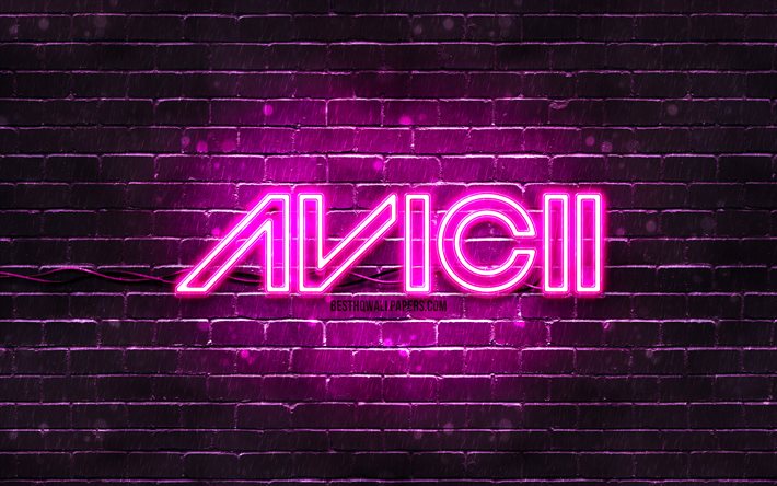 Avicii violetti logo, 4k, supert&#228;hdet, ruotsalaiset DJ:t, violetti tiilisein&#228;, Avicii logo, Tim Bergling, Avicii, musiikkit&#228;hdet, Avicii neon logo